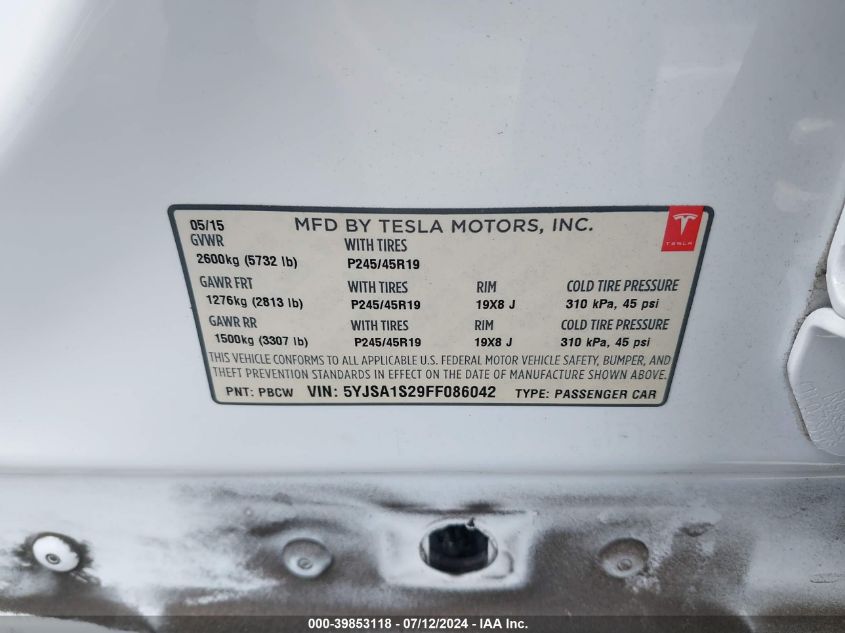 5YJSA1S29FF086042 2015 Tesla Model S 70D