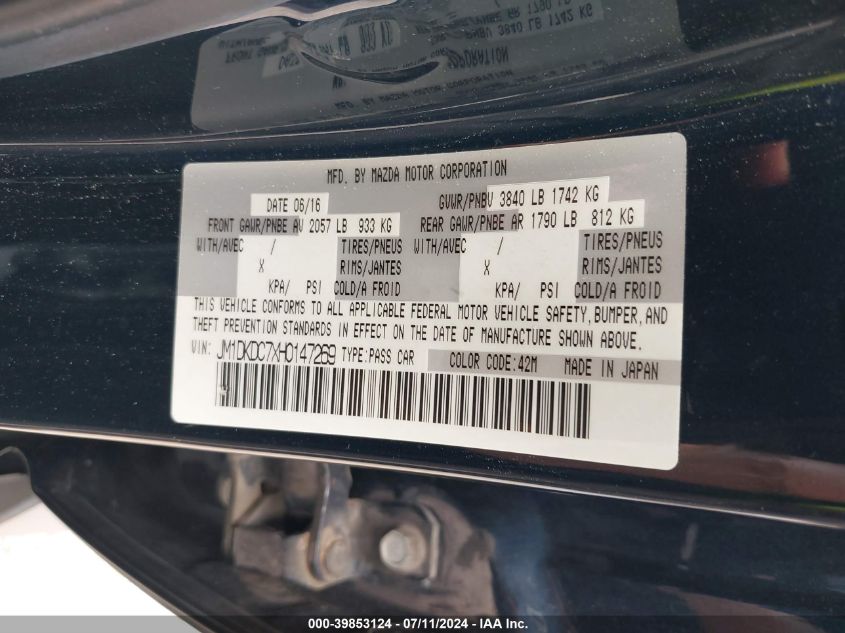 2017 Mazda Cx-3 Touring VIN: JM1DKDC7XH0147269 Lot: 39853124