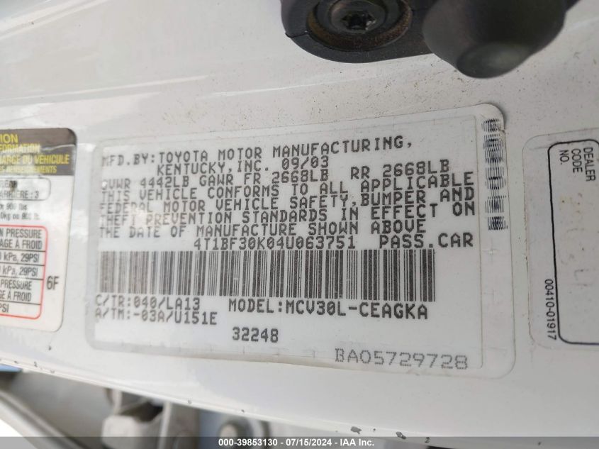 2004 Toyota Camry Xle V6 VIN: 4T1BF30K04U063751 Lot: 39853130