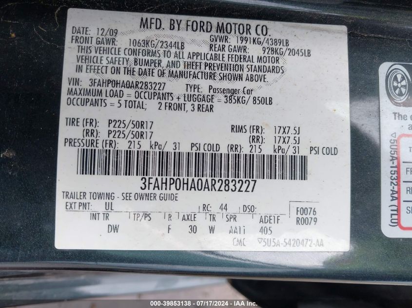 2010 Ford Fusion Se VIN: 3FAHP0HA0AR283227 Lot: 39853138