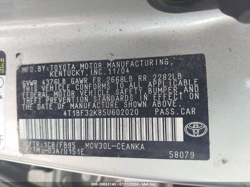 2005 Toyota Camry Le V6 VIN: 4T1BF32K85U602020 Lot: 39853140