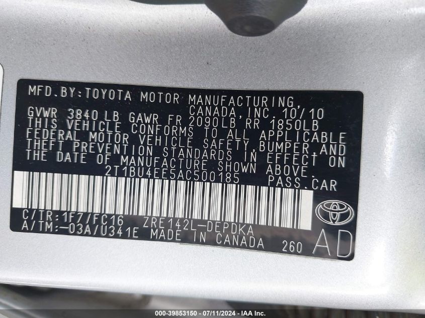 2010 Toyota Corolla Le VIN: 2T1BU4EE5AC500185 Lot: 39853150