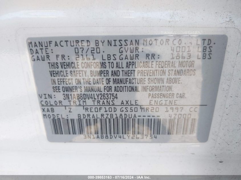 2020 Nissan Sentra Sr Xtronic Cvt VIN: 3N1AB8DV4LY263754 Lot: 39853163