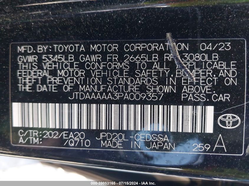 2023 Toyota Mirai Xle VIN: JTDAAAAA3PA009357 Lot: 39853165