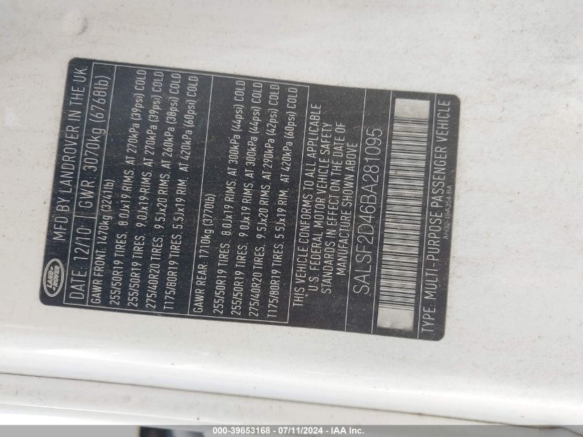 2011 Land Rover Range Rover Sport Hse VIN: SALSF2D46BA281095 Lot: 39853168