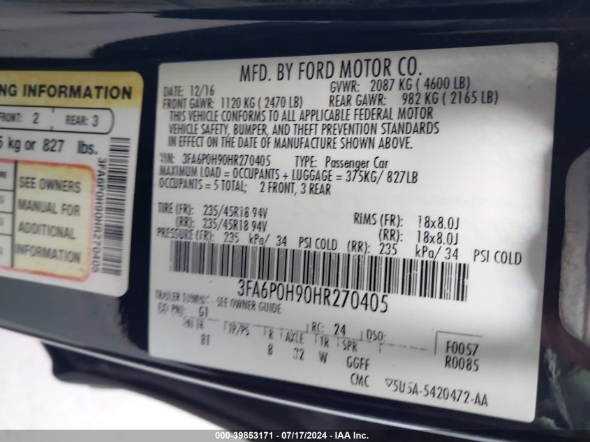 2017 Ford Fusion Se VIN: 3FA6P0H90HR270405 Lot: 39853171