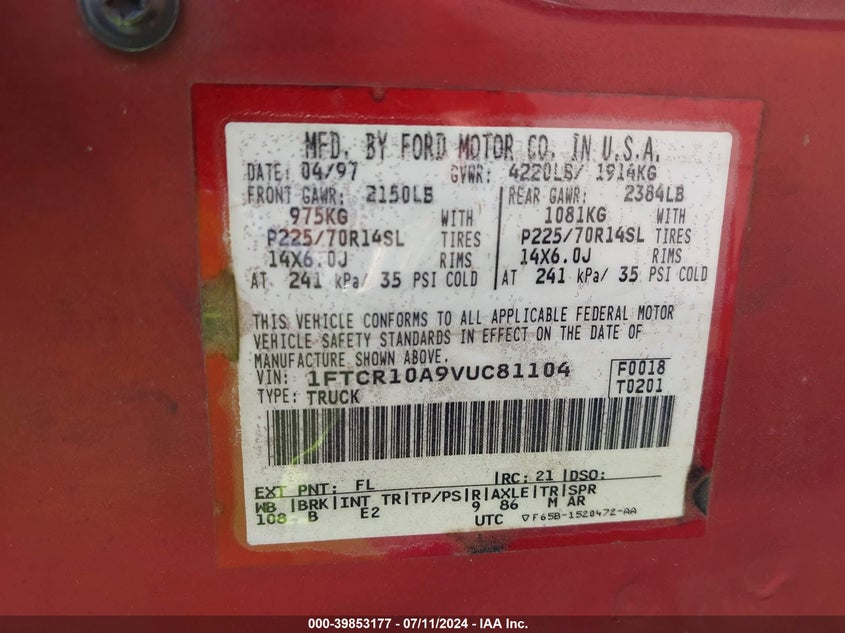 1997 Ford Ranger Splash/Xl/Xlt VIN: 1FTCR10A9VUC81104 Lot: 39853177