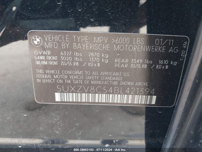 2011 BMW X5 xDrive50I VIN: 5UXZV8C54BL421394 Lot: 39853183