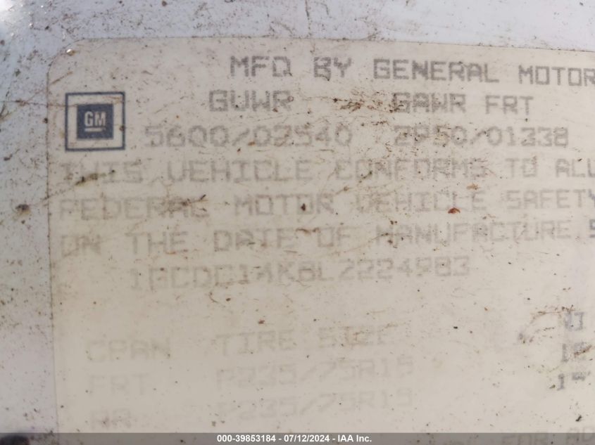 1990 Chevrolet Gmt-400 C1500 VIN: 1GCDC14K8LZ224983 Lot: 39853184