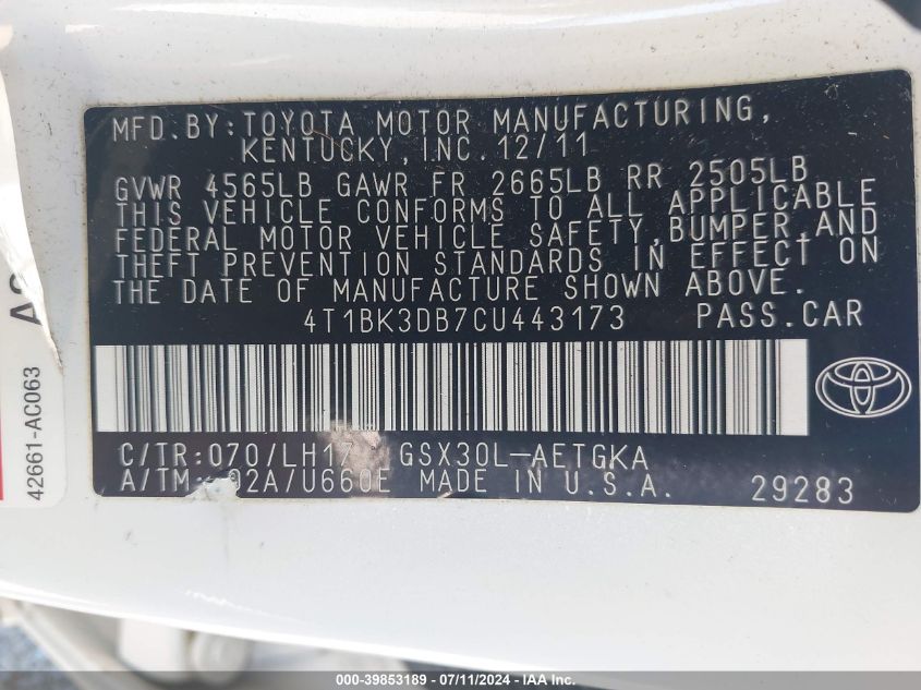 2012 Toyota Avalon VIN: 4T1BK3DB7CU443173 Lot: 39853189