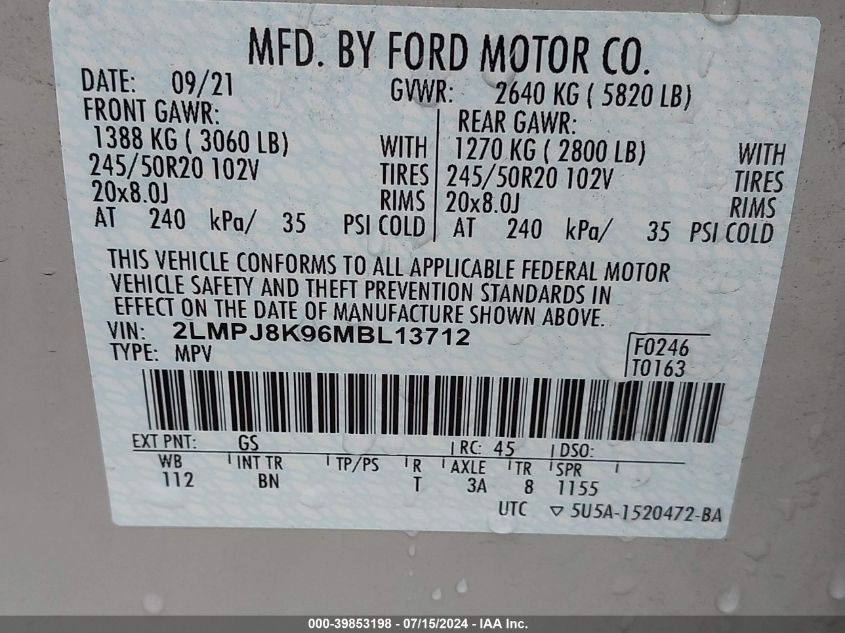 2021 Lincoln Nautilus Reserve VIN: 2LMPJ8K96MBL13712 Lot: 39853198