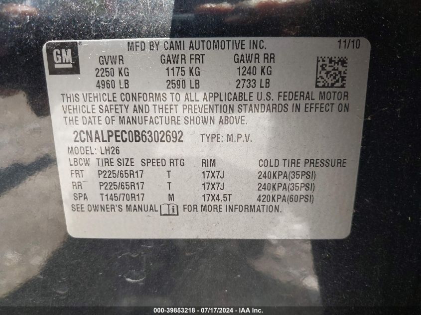 2011 Chevrolet Equinox 2Lt VIN: 2CNALPEC0B6302692 Lot: 39853218