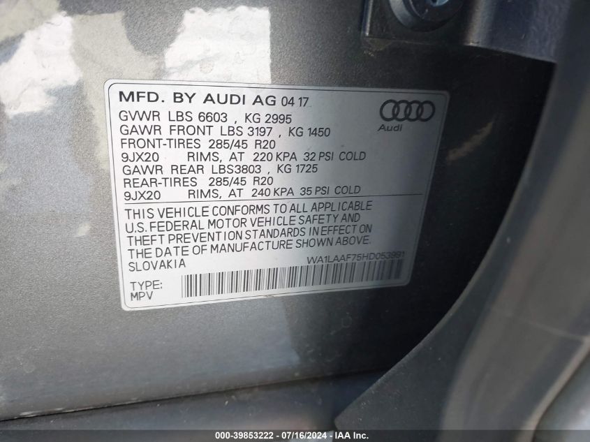 2017 Audi Q7 3.0T Premium VIN: WA1LAAF75HD053991 Lot: 39853222