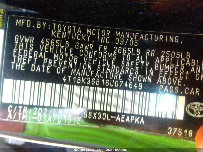 2006 Toyota Avalon Limited VIN: 4T1BK36B16U074649 Lot: 39853232