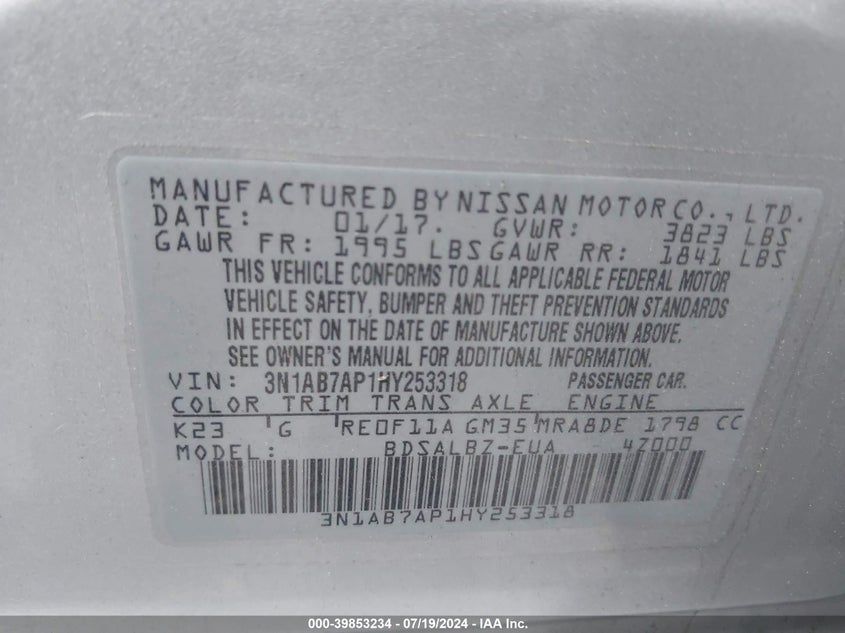 2017 Nissan Sentra S/Sv/Sr/Sl VIN: 3N1AB7AP1HY253318 Lot: 39853234