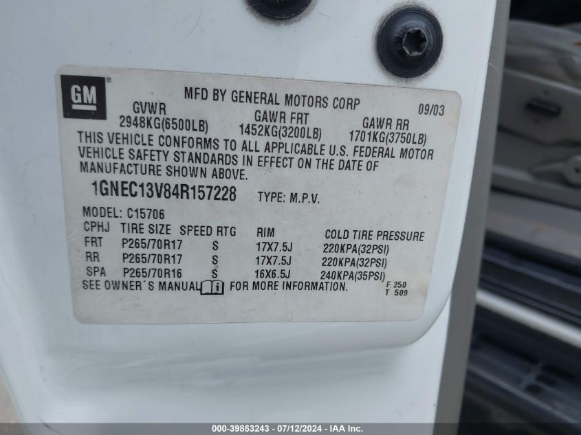 2004 Chevrolet Tahoe Ls VIN: 1GNEC13V84R157228 Lot: 39853243