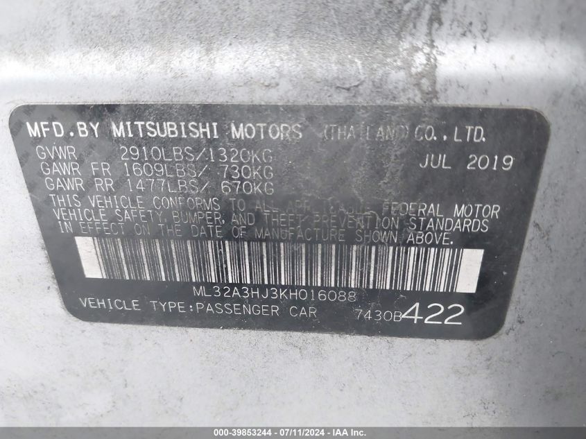 2019 Mitsubishi Mirage Es VIN: ML32A3HJ3KH016088 Lot: 39853244