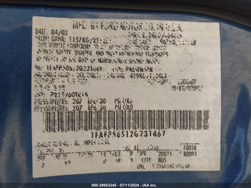 2002 Ford Taurus Sel VIN: 1FAFP56S12G231467 Lot: 39853245