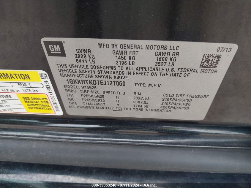 2014 GMC Acadia Denali VIN: 1GKKRTKD7EJ127060 Lot: 39853248