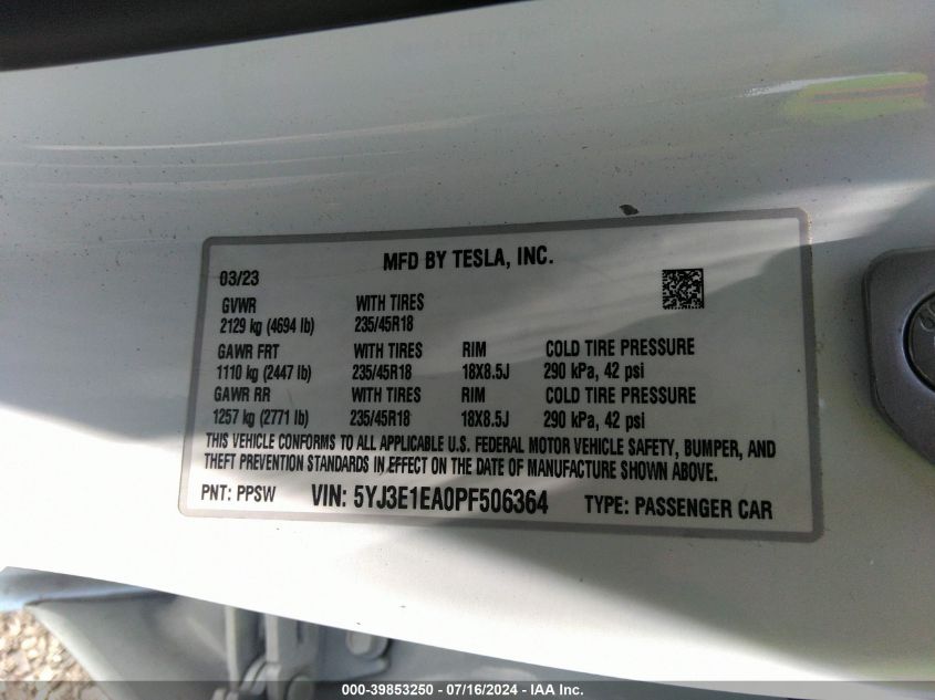 2023 Tesla Model 3 VIN: 5YJ3E1EA0PF506364 Lot: 39853250