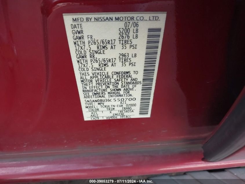 2006 Nissan Xterra Se VIN: 5N1AN08U36C550700 Lot: 39853279