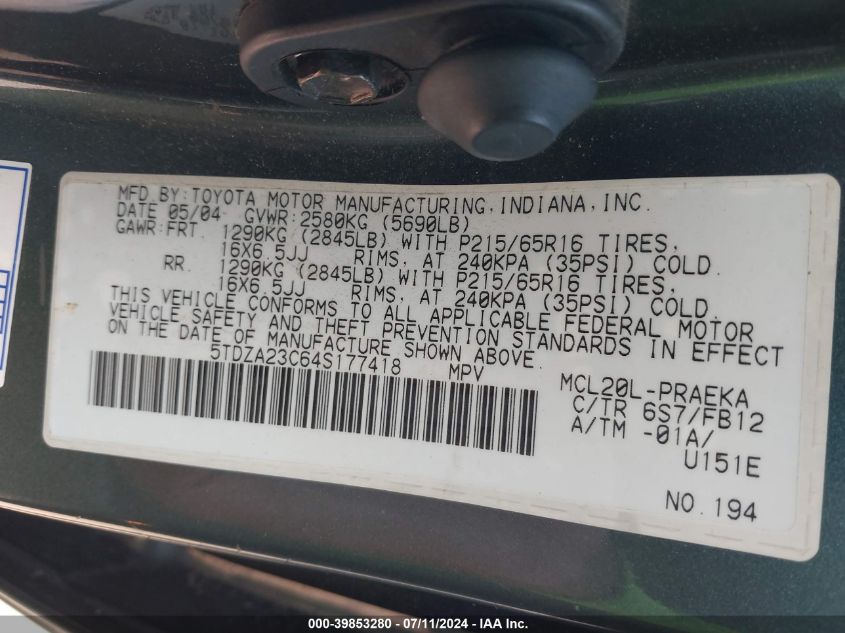 2004 Toyota Sienna Le VIN: 5TDZA23C64S177418 Lot: 39853280