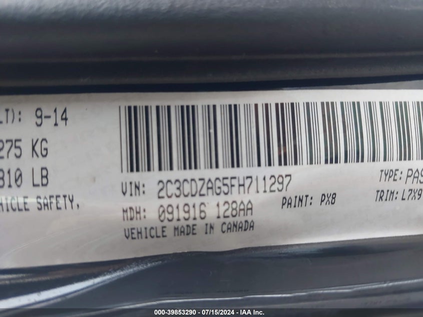 2015 Dodge Challenger Sxt VIN: 2C3CDZAG5FH711297 Lot: 39853290