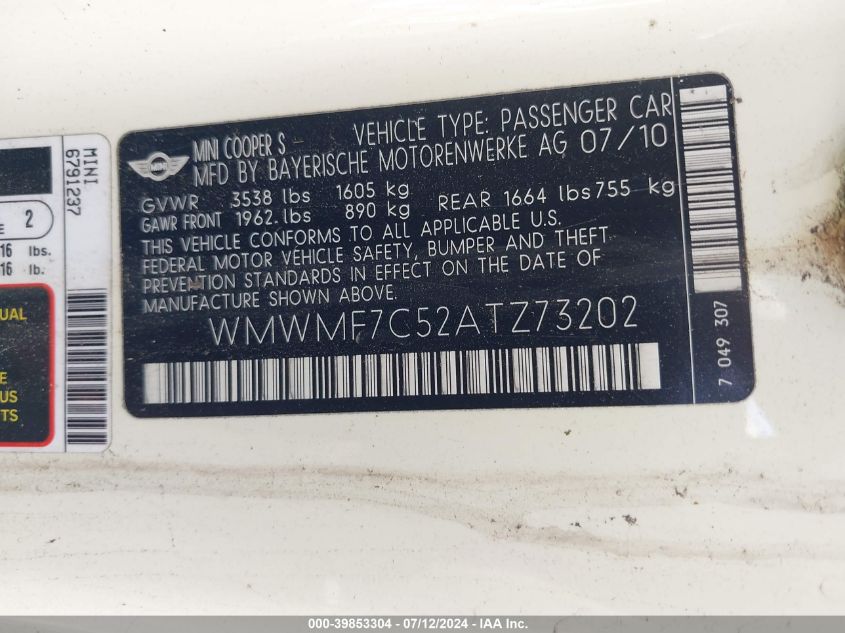 2010 Mini Cooper S VIN: WMWMF7C52ATZ73202 Lot: 39853304