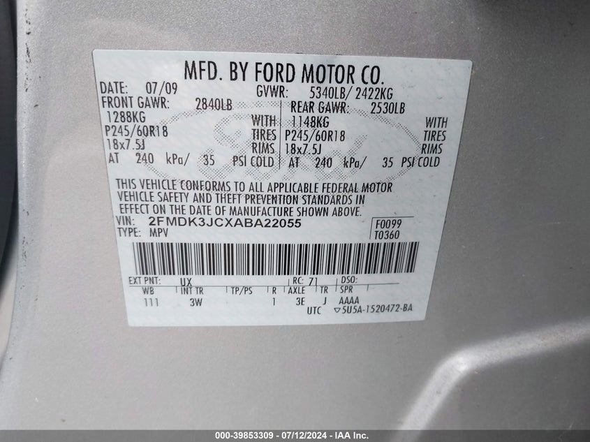 2010 Ford Edge Sel VIN: 2FMDK3JCXABA22055 Lot: 39853309