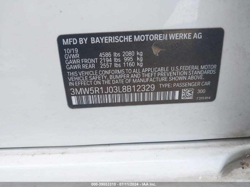 2020 BMW 330I VIN: 3MW5R1J03L8B12329 Lot: 39853310