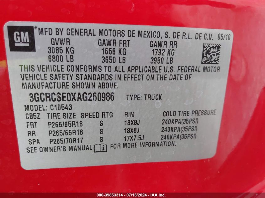 2010 Chevrolet Silverado 1500 Lt VIN: 3GCRCSE0XAG260986 Lot: 39853314