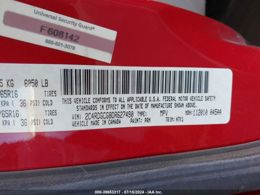 2013 Dodge Grand Caravan Sxt VIN: 2C4RDGCG8DR627490 Lot: 39853317