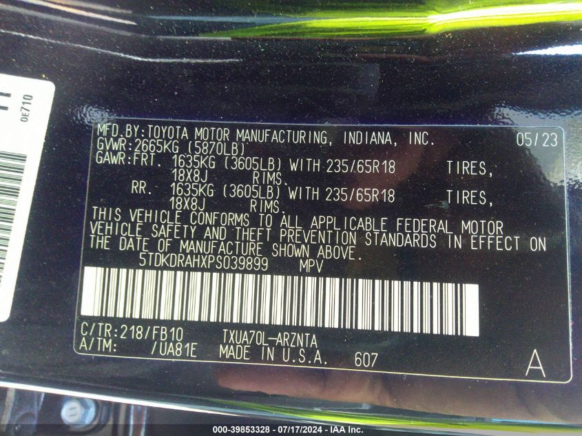 2023 Toyota Highlander Le VIN: 5TDKDRAHXPS039899 Lot: 39853328