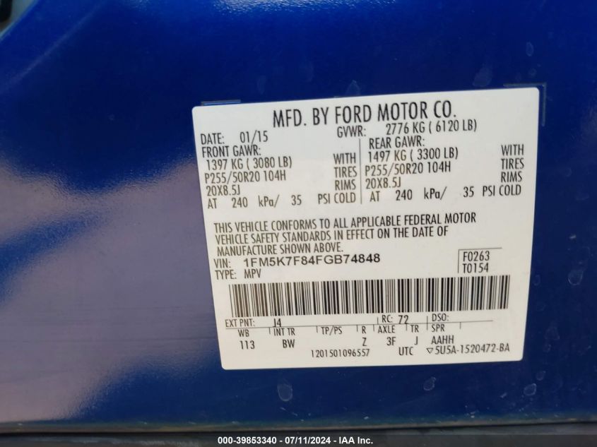 2015 Ford Explorer Limited VIN: 1FM5K7F84FGB74848 Lot: 39853340