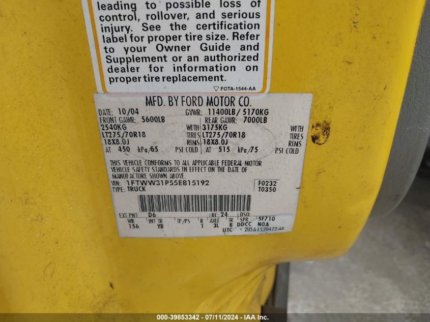 2005 Ford F-350 Lariat/Xl/Xlt VIN: 1FTWW31P55EB15192 Lot: 39853342