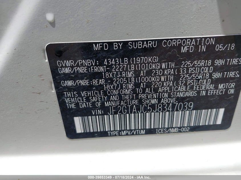 VIN JF2GTAJC5J8347039 2018 SUBARU CROSSTREK 2.0I LIMITED