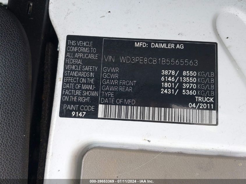 2011 Mercedes-Benz Sprinter 2500 High Roof VIN: WD3PE8CB1B5565563 Lot: 39853369
