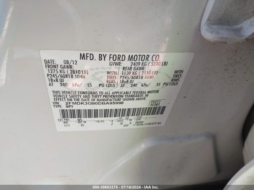 2013 Ford Edge Se VIN: 2FMDK3G90DBA95998 Lot: 39853375