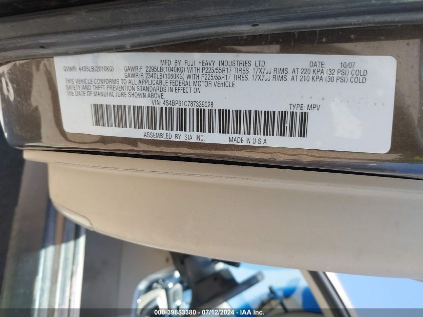 2008 Subaru Outback 2.5I VIN: 4S4BP61C787339028 Lot: 39853380