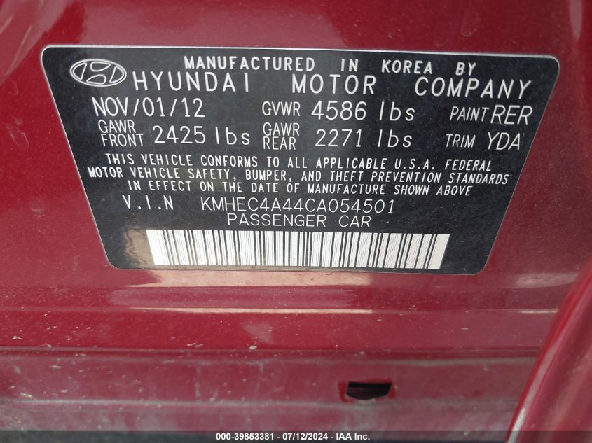 2012 Hyundai Sonata Hybrid VIN: KMHEC4A44CA054501 Lot: 39853381