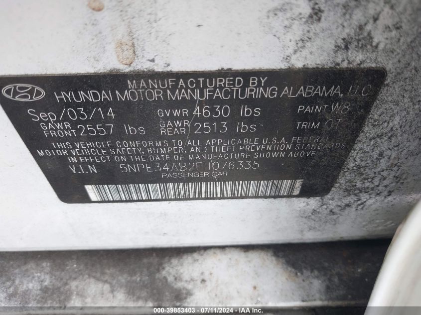 2015 Hyundai Sonata Sport 2.0T VIN: 5NPE34AB2FH076335 Lot: 39853403