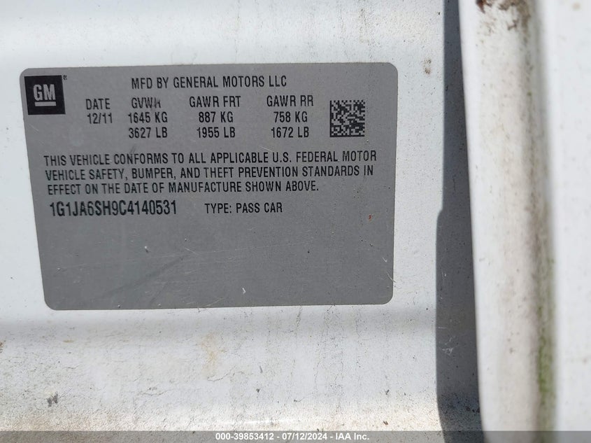 2012 Chevrolet Sonic 2Ls VIN: 1G1JA6SH9C4140531 Lot: 39853412