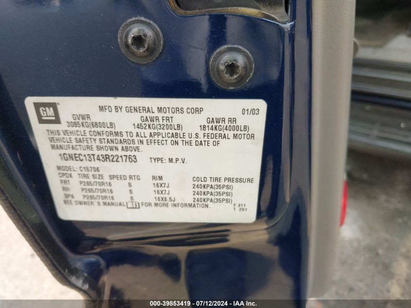 2003 Chevrolet Tahoe C1500 VIN: 1GNEC13T43R221763 Lot: 39853419