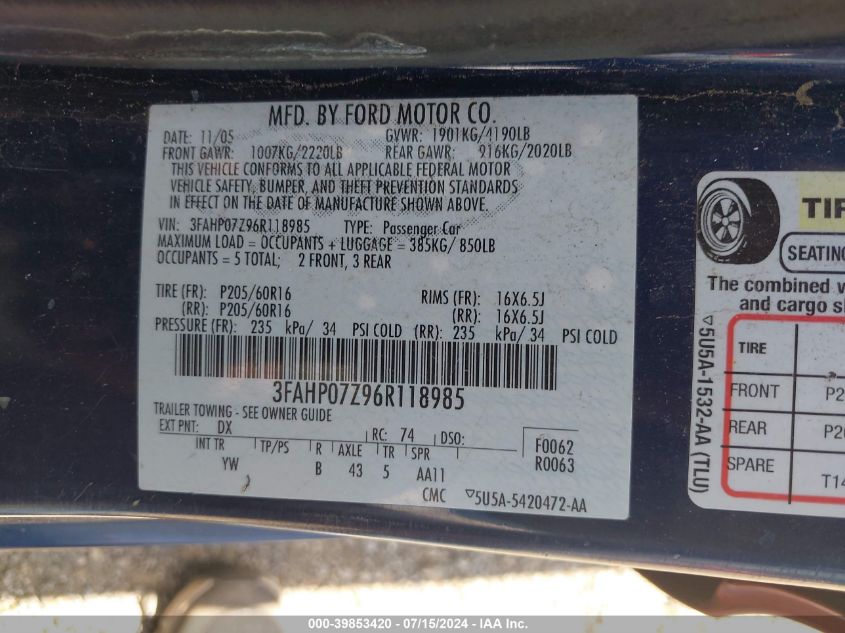 2006 Ford Fusion Se VIN: 3FAHP07Z96R118985 Lot: 39853420