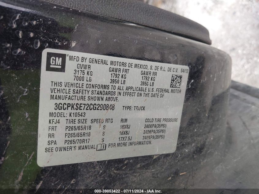 2012 Chevrolet Silverado 1500 Lt VIN: 3GCPKSE72CG290848 Lot: 39853422