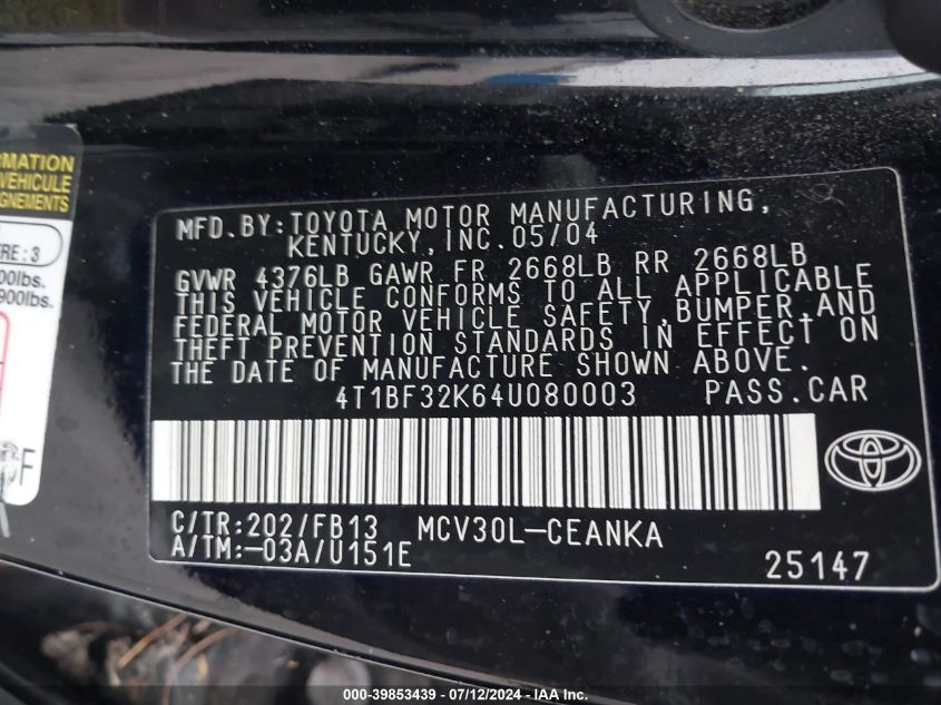 2004 Toyota Camry Le/Xle/Se VIN: 4T1BF32K64U080003 Lot: 39853439