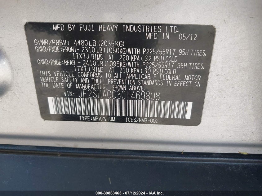 2012 Subaru Forester 2.5X Touring VIN: JF2SHAGC3CH469808 Lot: 39853463