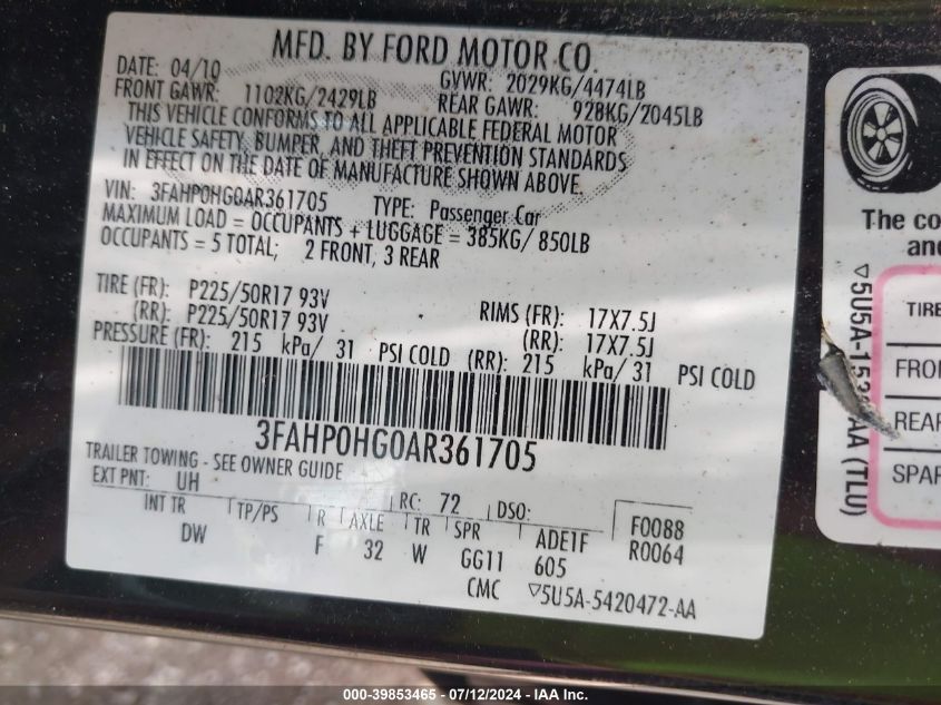 2010 Ford Fusion Se VIN: 3FAHP0HG0AR361705 Lot: 39853465