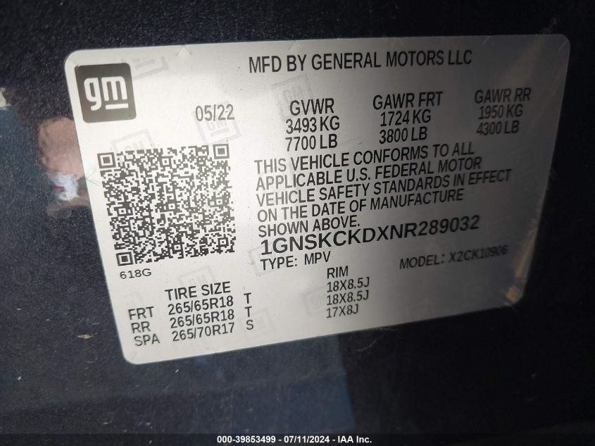 2022 Chevrolet Suburban 4Wd Lt VIN: 1GNSKCKDXNR289032 Lot: 39853499