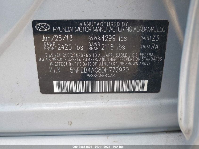 2013 Hyundai Sonata Gls VIN: 5NPEB4AC8DH772920 Lot: 39853504